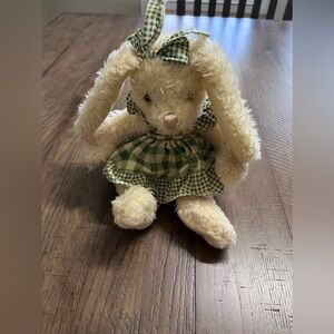 Bunny Rabbit Plush Cream Floppy Ears Gingham Dress Cottage Core